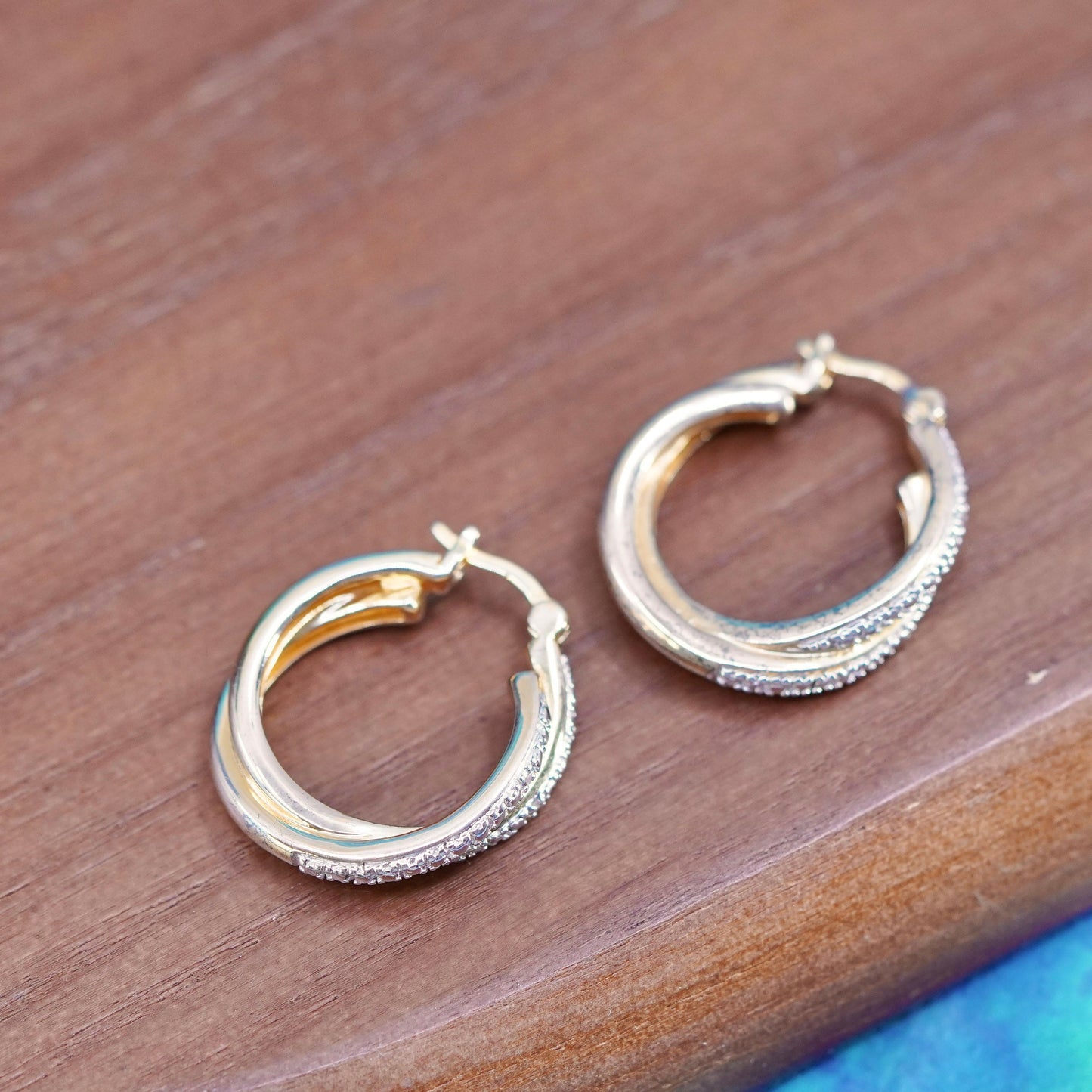 1”, vermeil gold over Sterling silver handmade earrings, 925 hoops with diamond