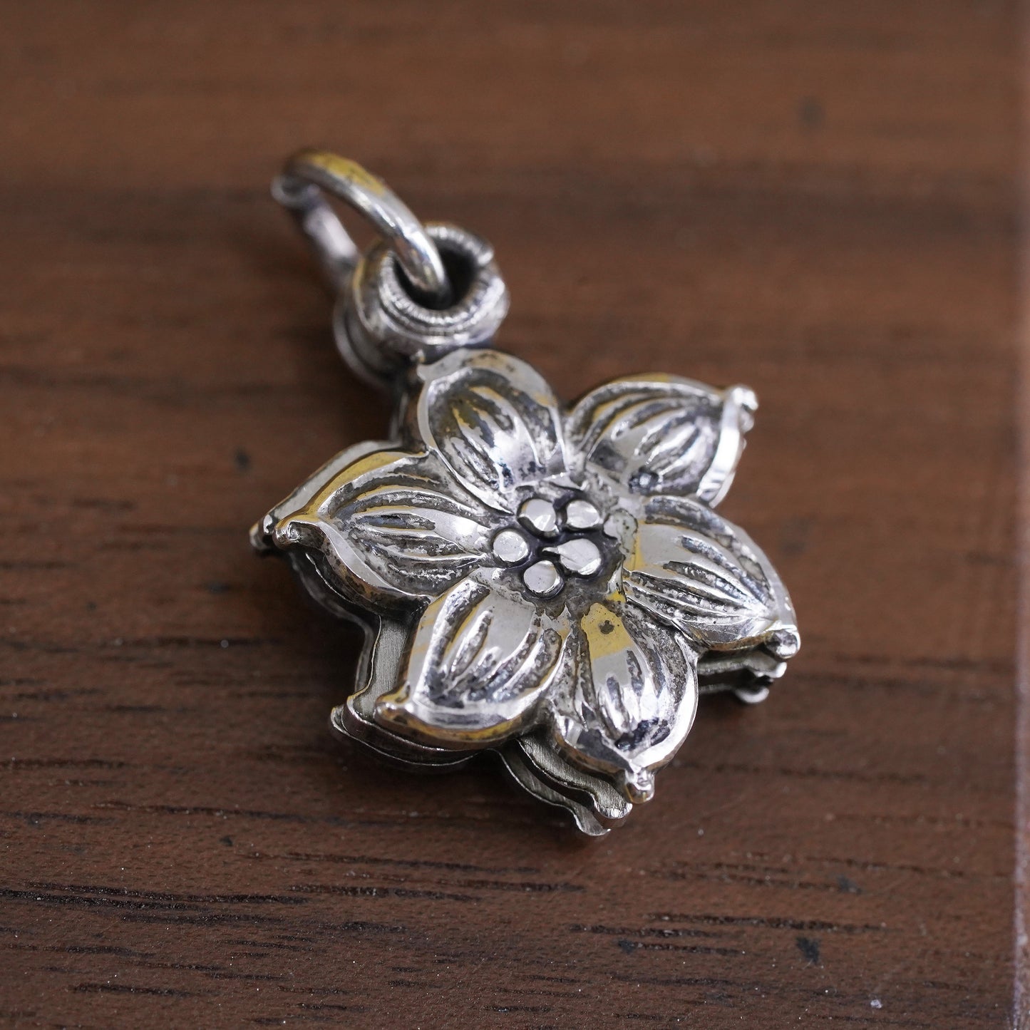Vintage Sterling silver pendant, 925 flower charm with Jesus and Virgin Mary
