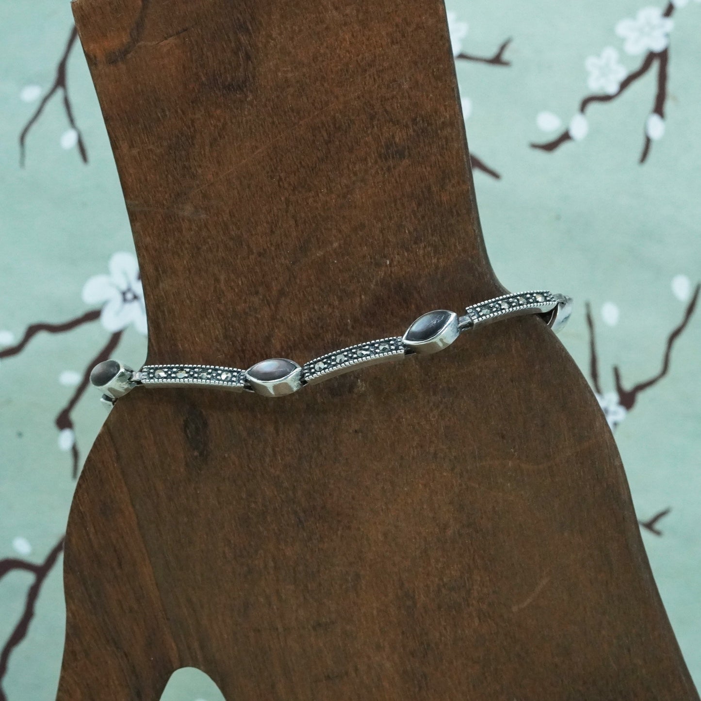 7.5”, sterling 925 silver handmade tennis bracelet with abalone and marcasite