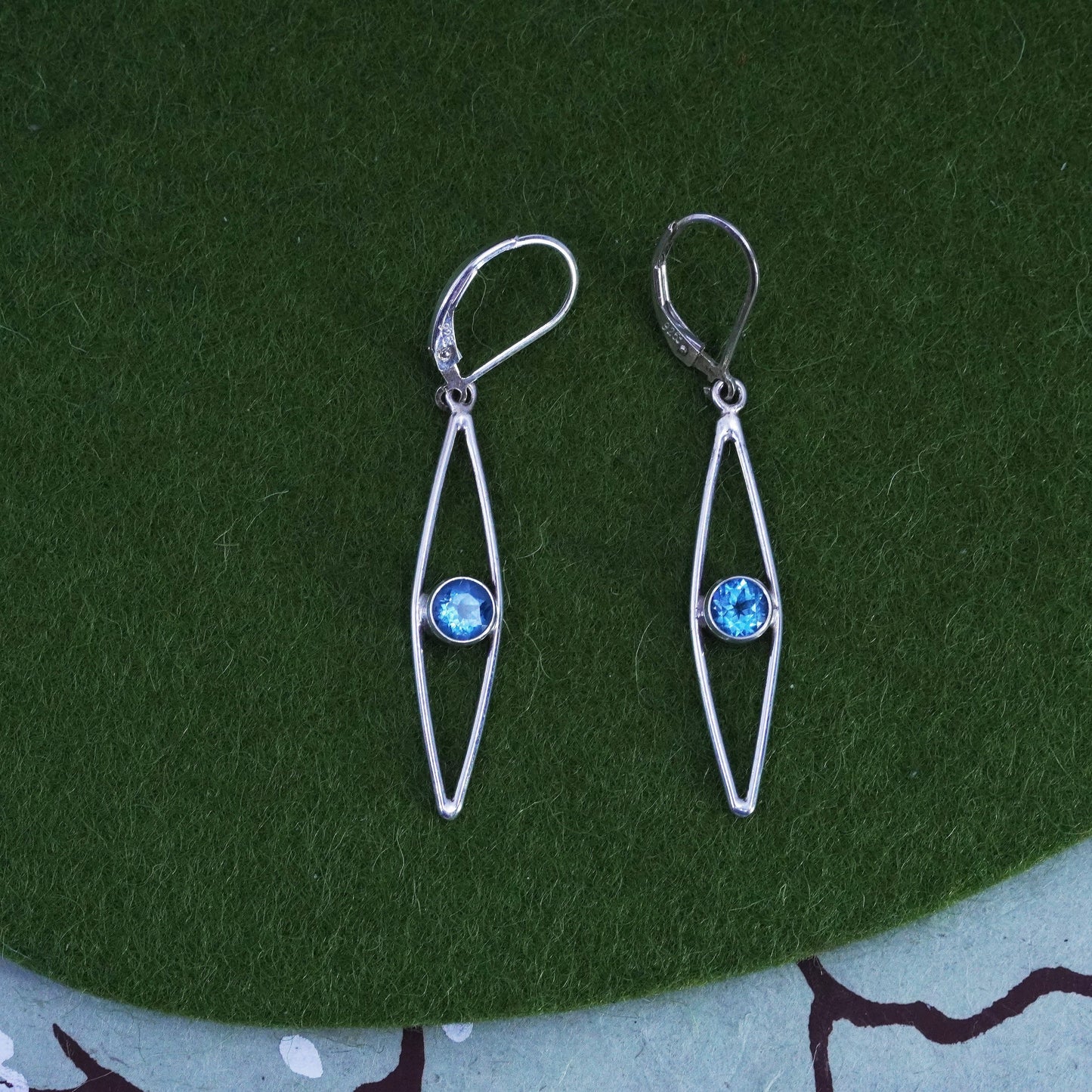 sterling silver handmade earrings, 925 marquise shaped drops with blue crystal