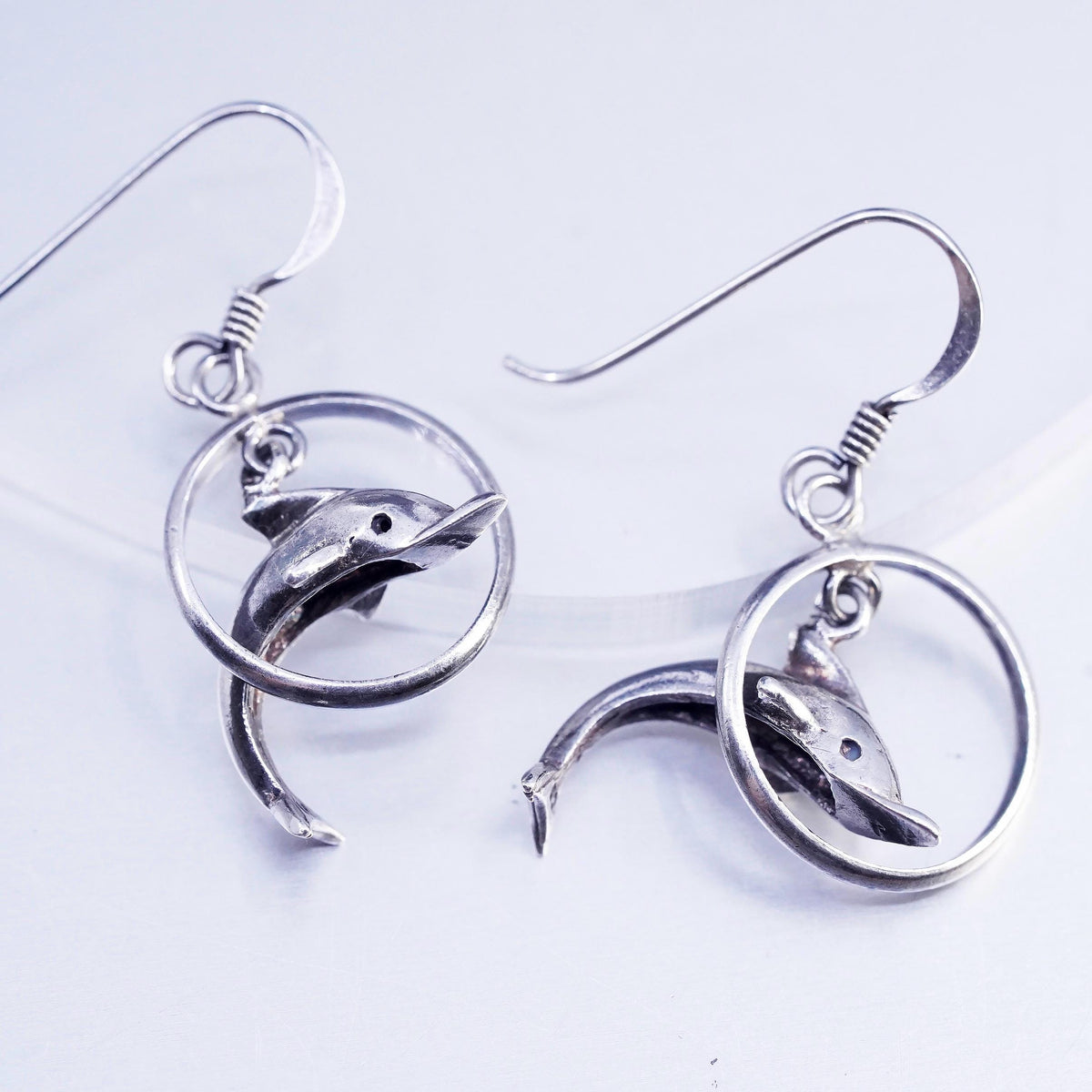 Sterling Silver Dolphin Hoop Earrings, 925 3D Dolphin Dangle, Ocean Marine