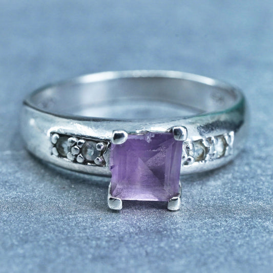 Size 11, vintage Sterling 925 silver handmade ring with amethyst and diamond