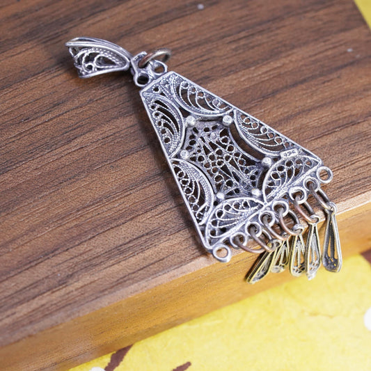 Vintage Sterling 925 silver handmade filigree pendant with fringe dangles