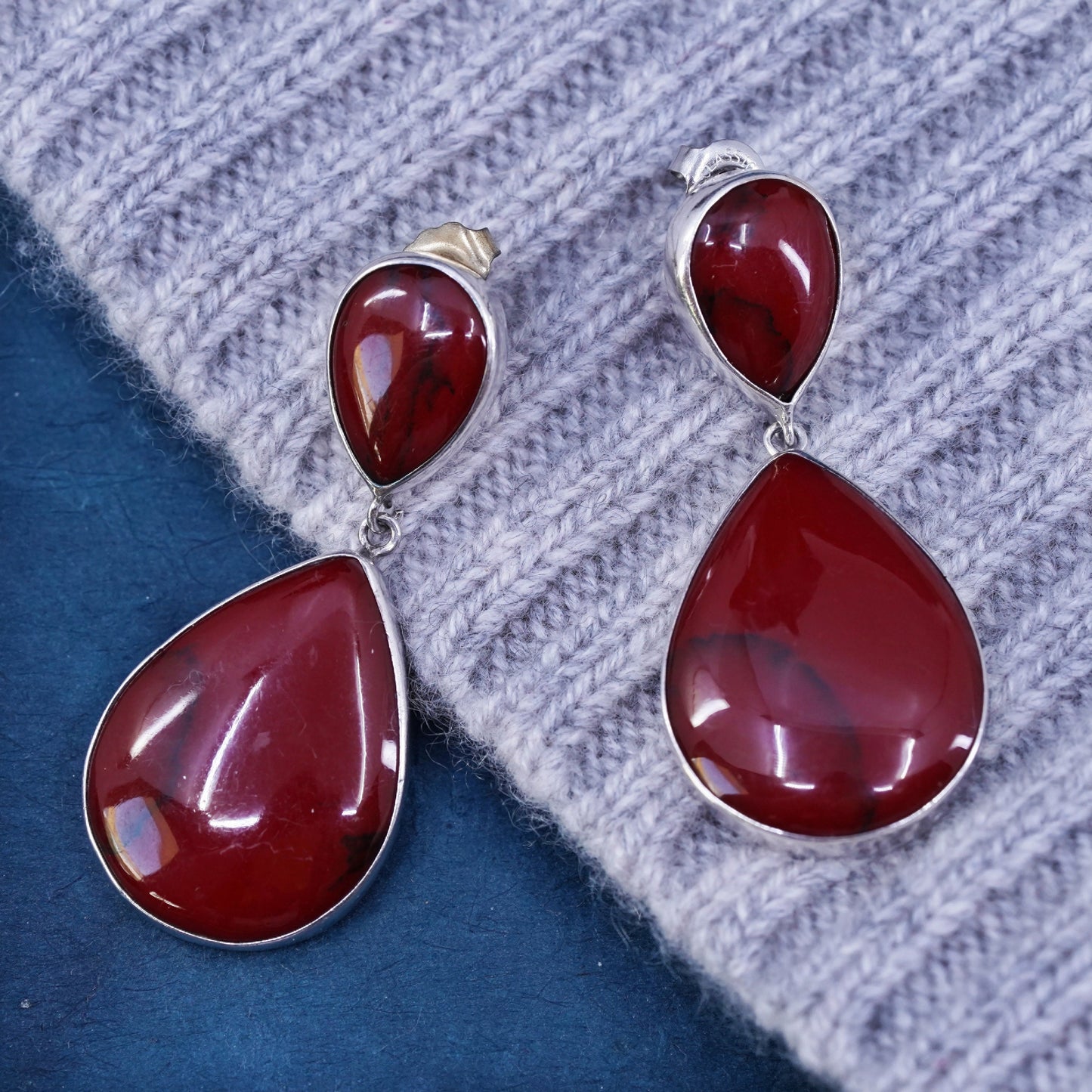 Vintage Sterling silver handmade earrings, 925 teardrop drops with red jasper
