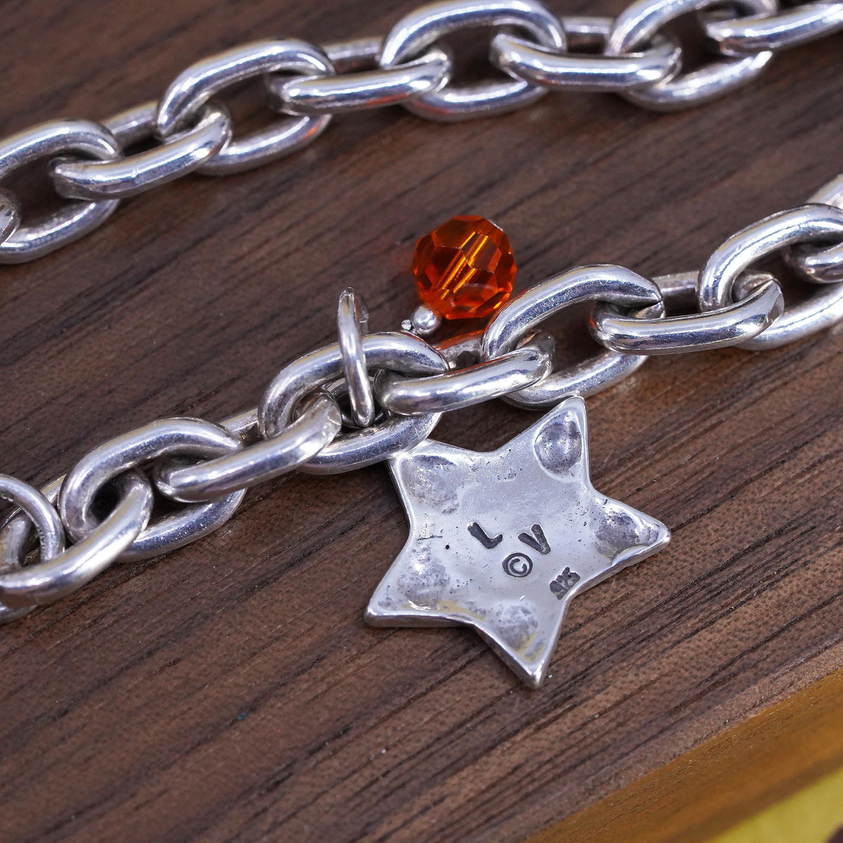 6.75" 7mm, Vintage Sterling silver bracelet, 925 oval link chain star charm
