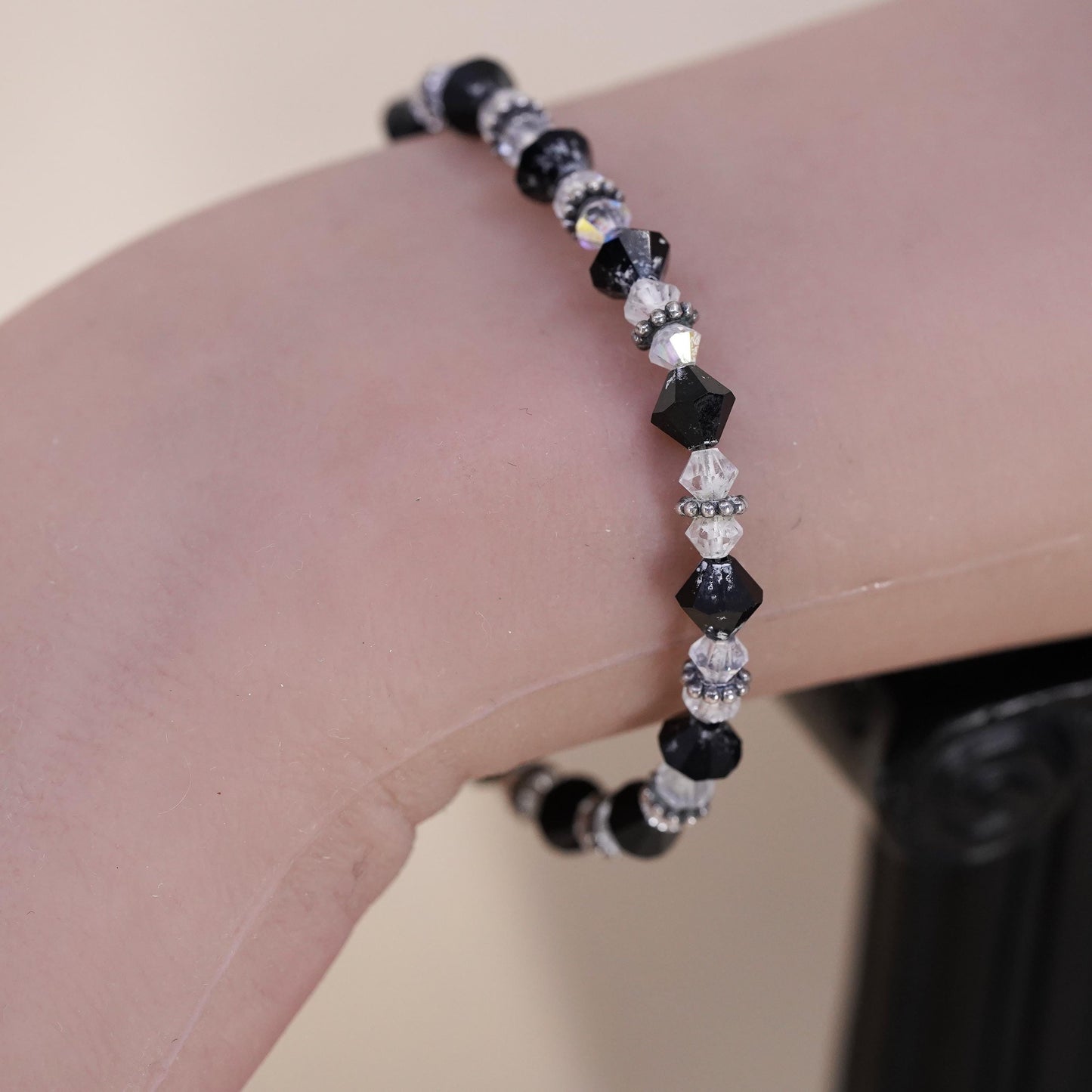6.5", vintage Sterling silver bracelet, 925 beads black Crystal toggle closure