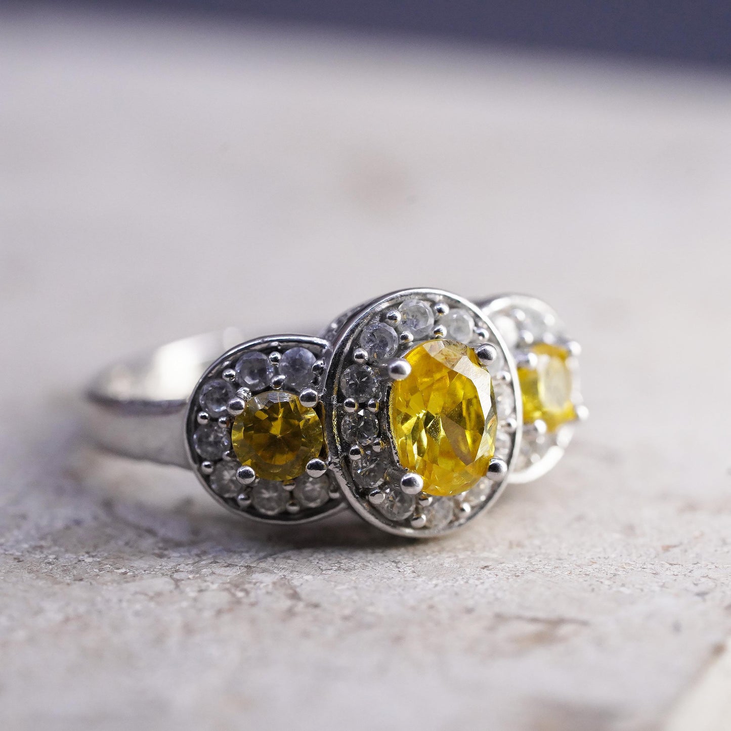 Size 8, VTG Sterling Silver 925 Yellow Citrine Ring, Three Stone Oval Halo Ring
