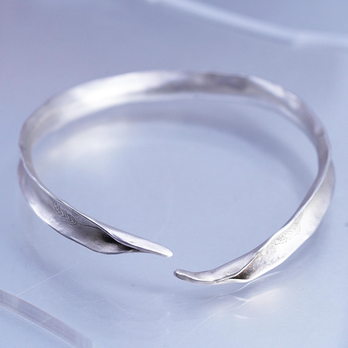 7.5", Vintage Sterling Silver Leaf Engraved Cuff Bracelet Matte 925 Open Bangle