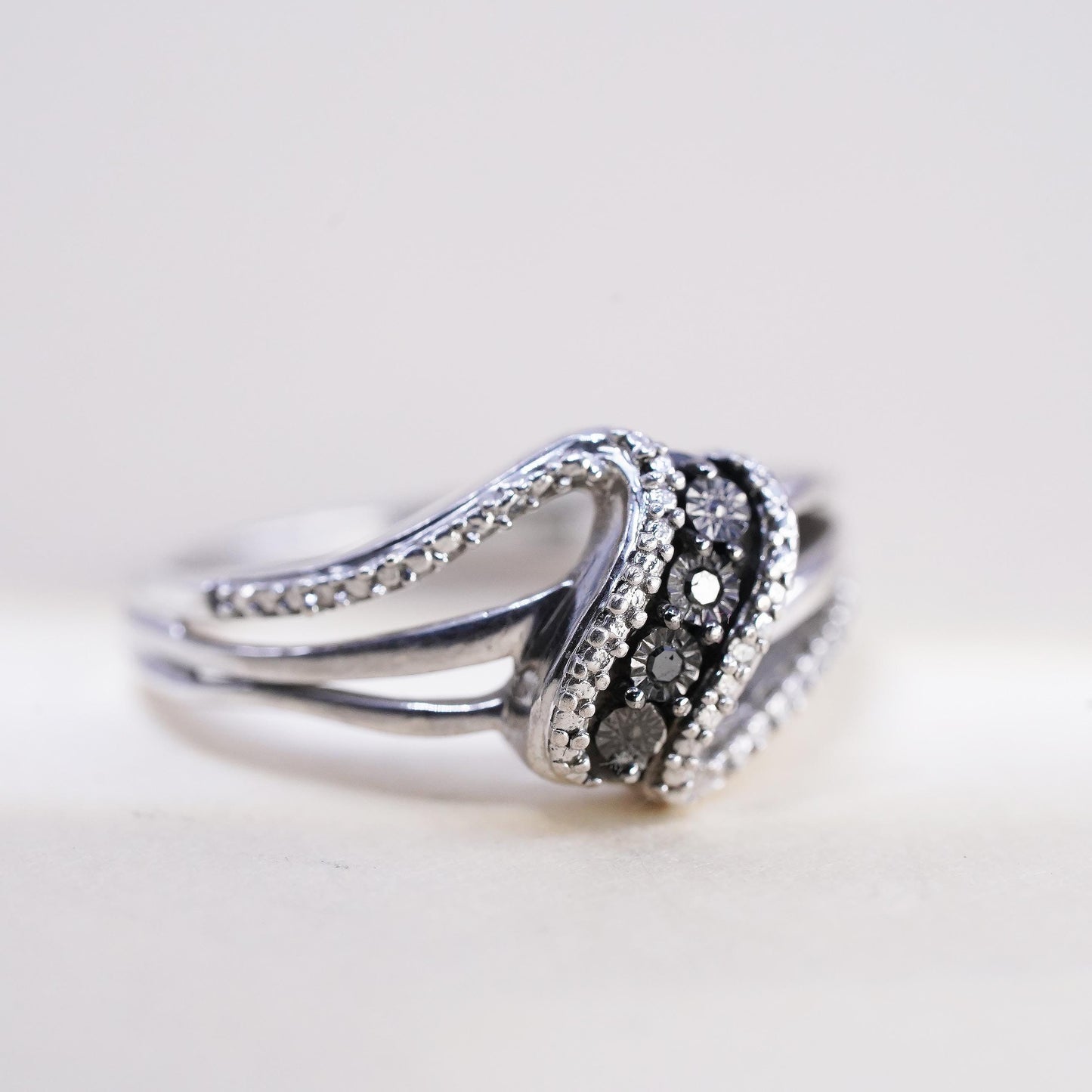 Size 7, VTG two tone Sterling 925 silver statement ring cluster real diamond
