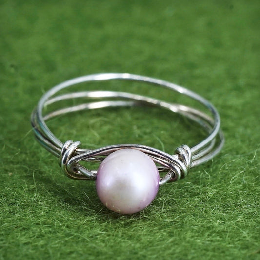 Size 8, vintage sterling 925 silver handmade wired ring with pink pearl
