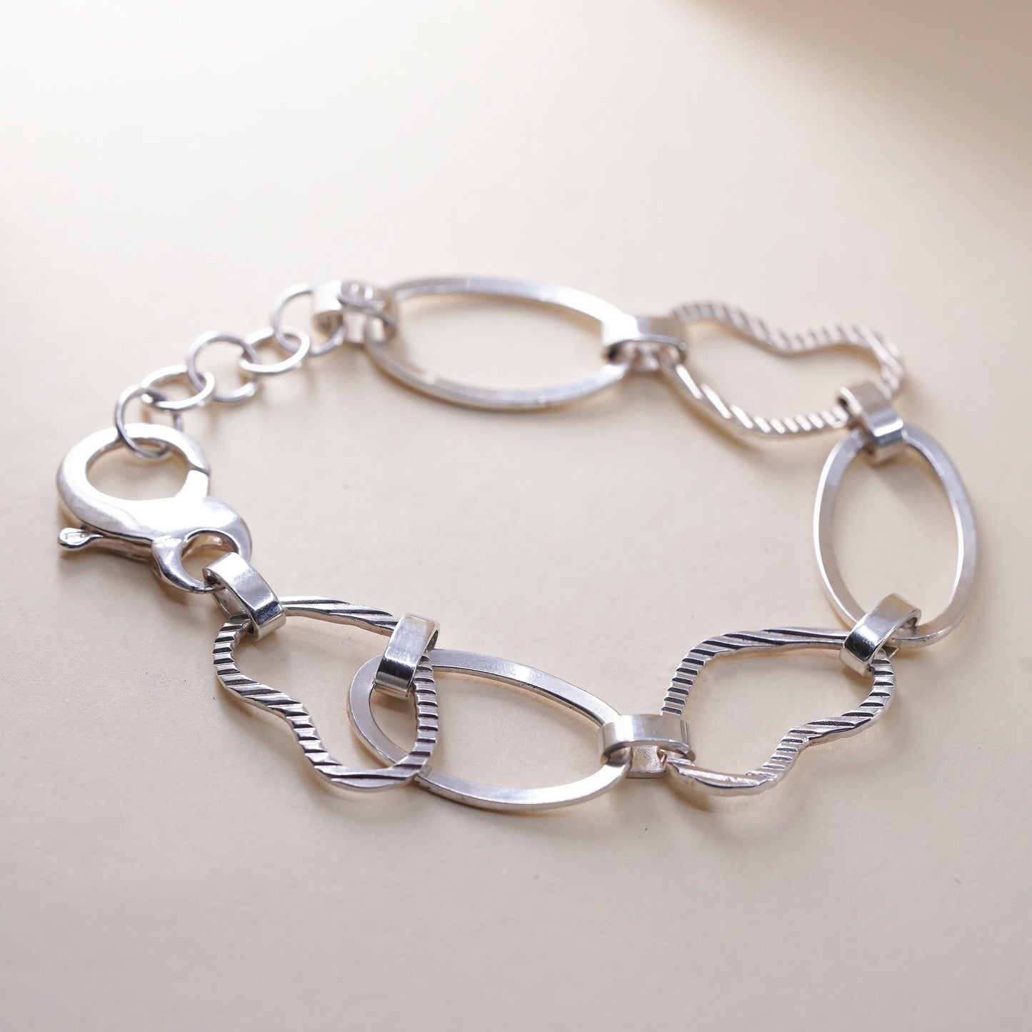 7.75”, Italian sterling silver bracelet, textured huge 925 heart oval chain