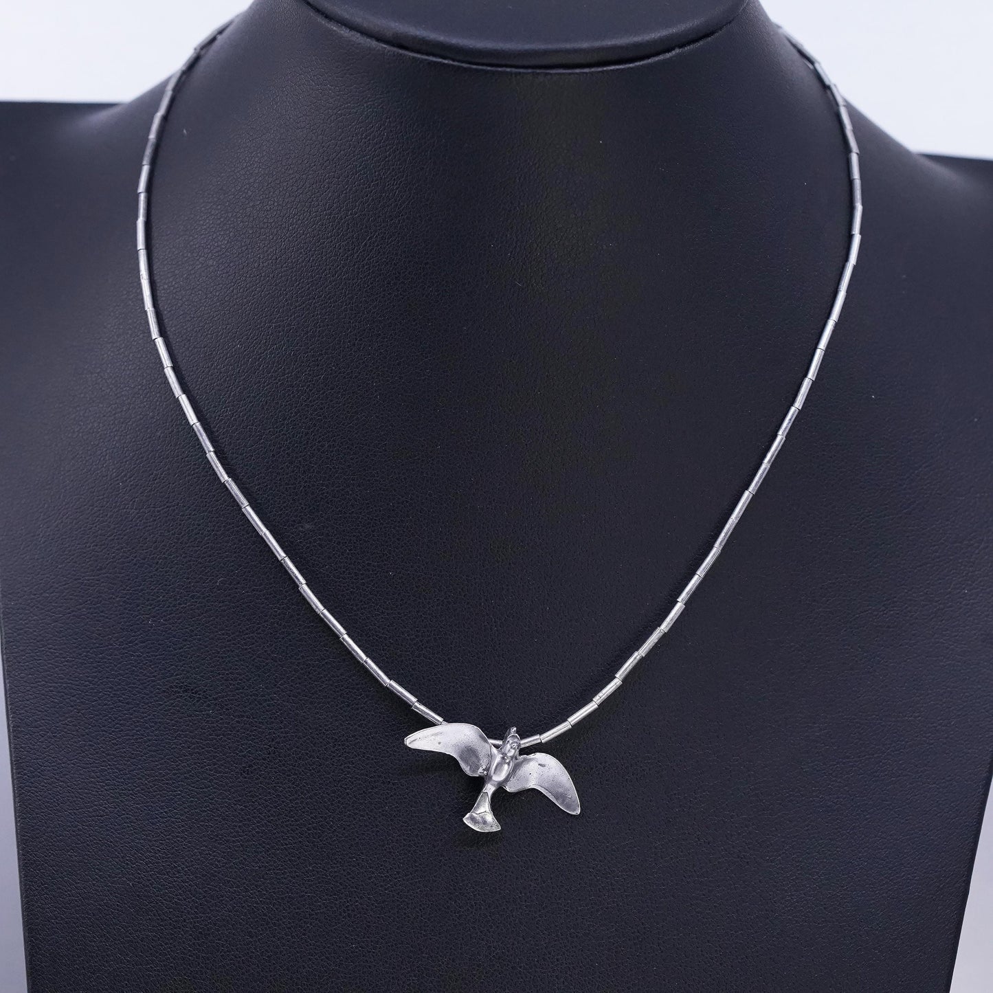 15", Native American Sterling 925 liquid silver necklace with done bird pendant