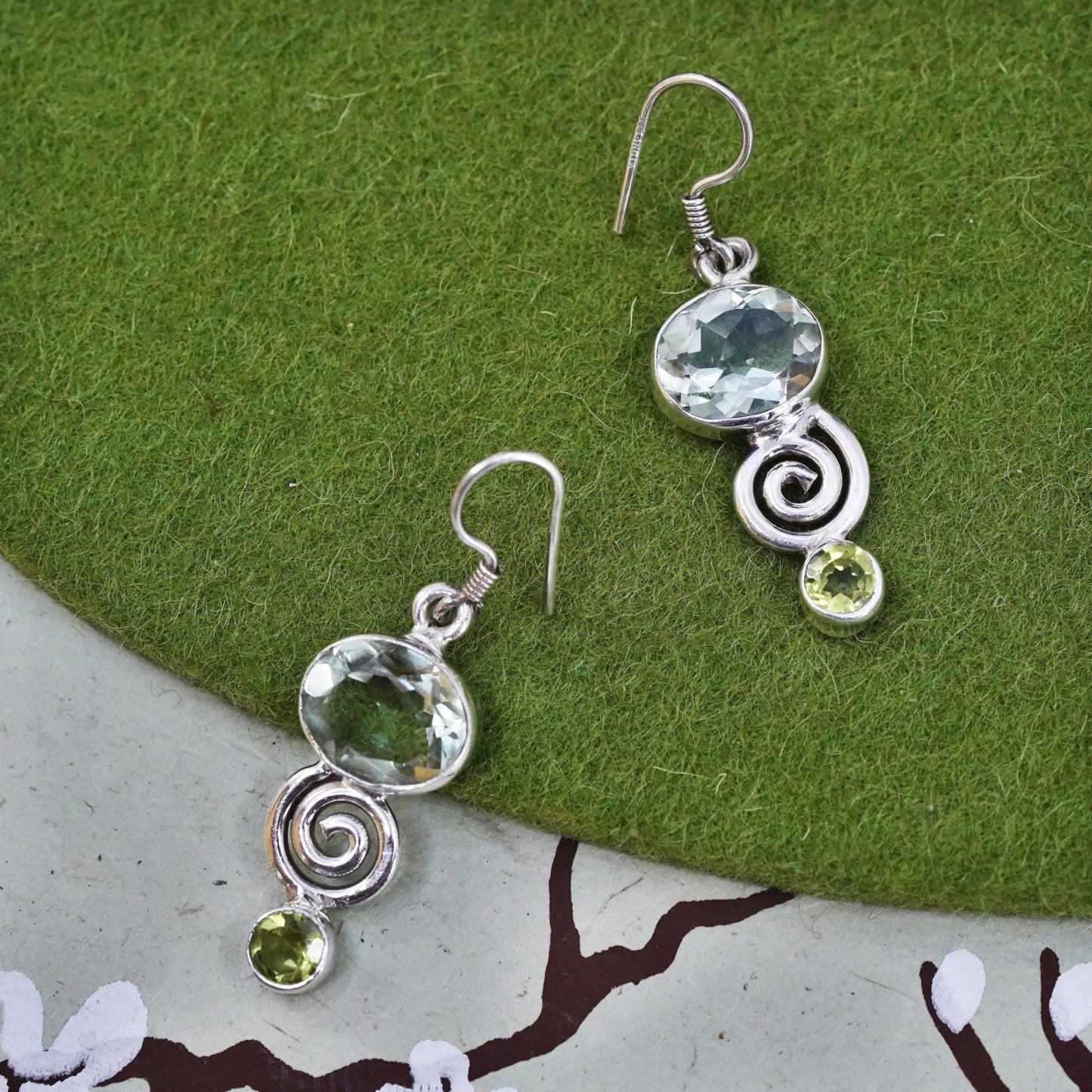 Vintage sterling 925 silver handmade earrings with peridot and spiral details