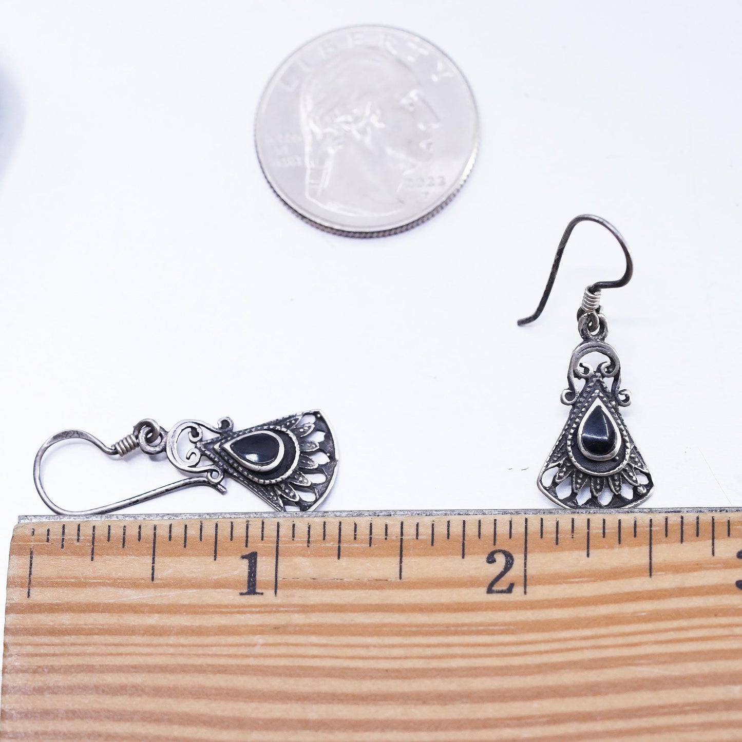 Vintage Sterling 925 silver handmade fan shaped earrings with black onyx