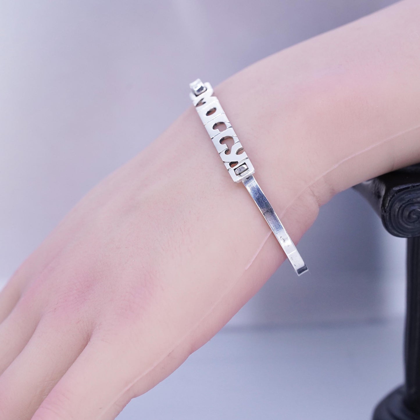 5.5”, Leonore Doskow 1970 Name Moccy Sterling 925 silver bracelet hinged bangle