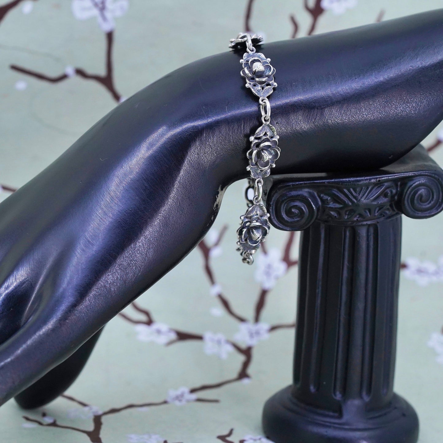 6.25", vintage sterling 925 silver handmade bracelet, flower link chain