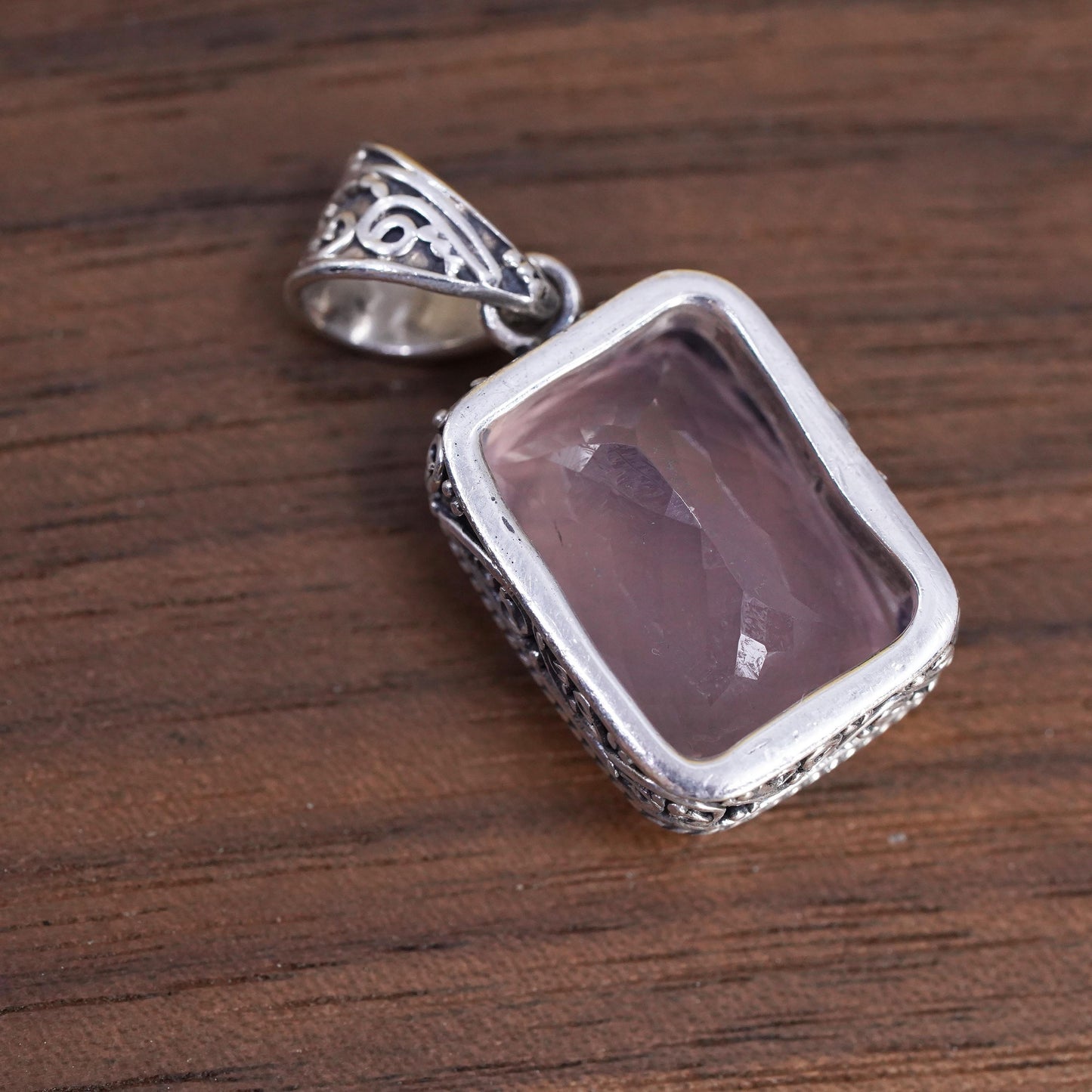 Vintage Sterling silver handmade pendant, textured 925 emerald cut pink quartz