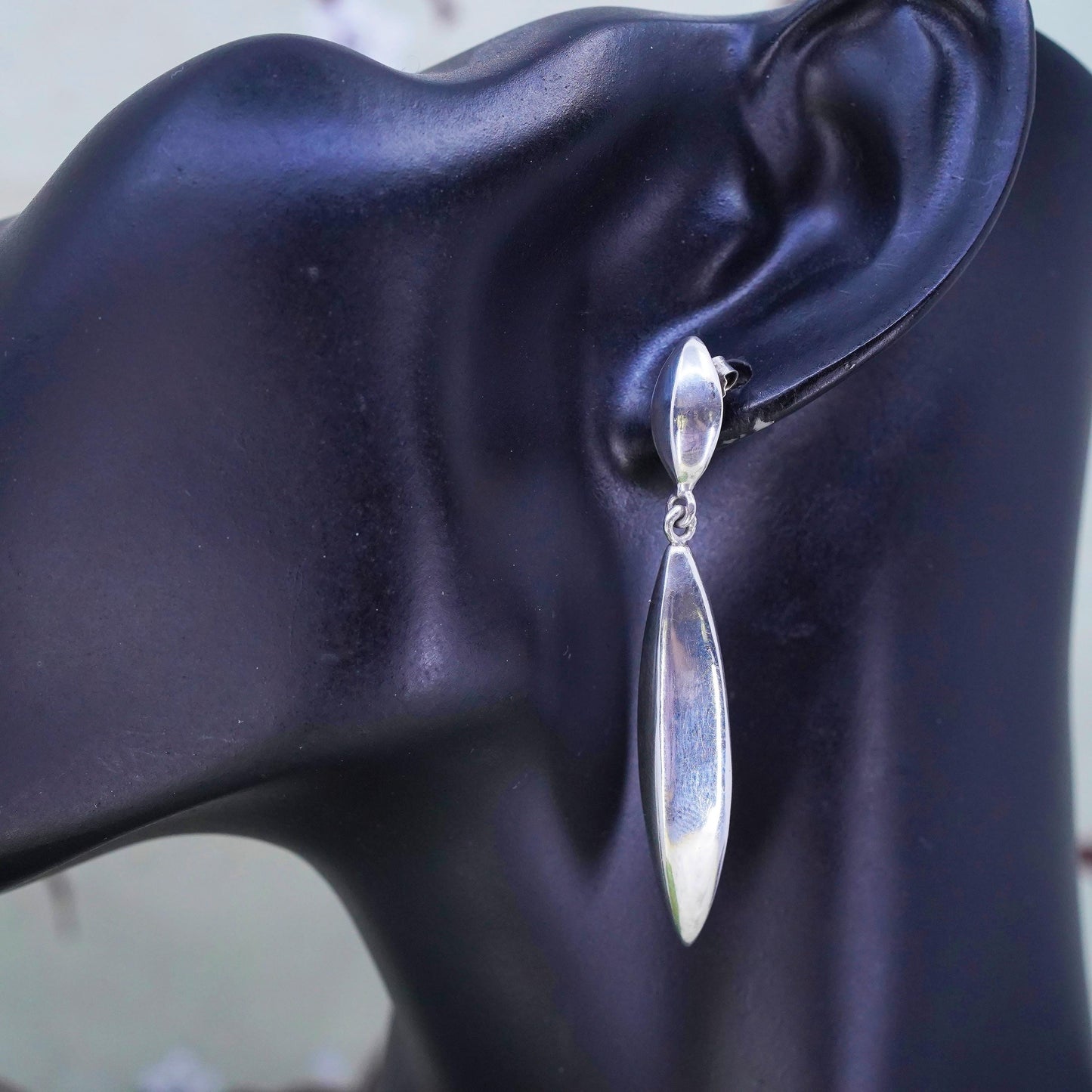 Vintage modern sterling silver handmade earrings, ribbed 925 teardrop dangles