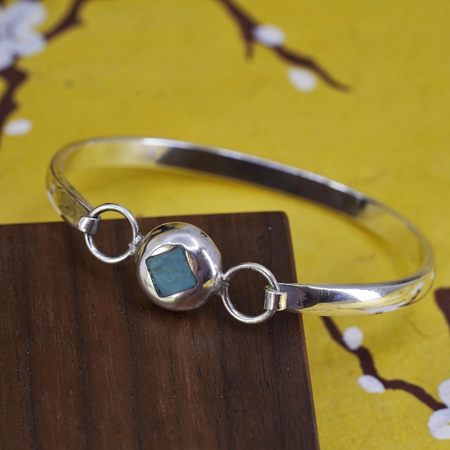 6.5”, Sterling silver handmade bracelet, Mexico 925 hinged bangle w/ turquoise