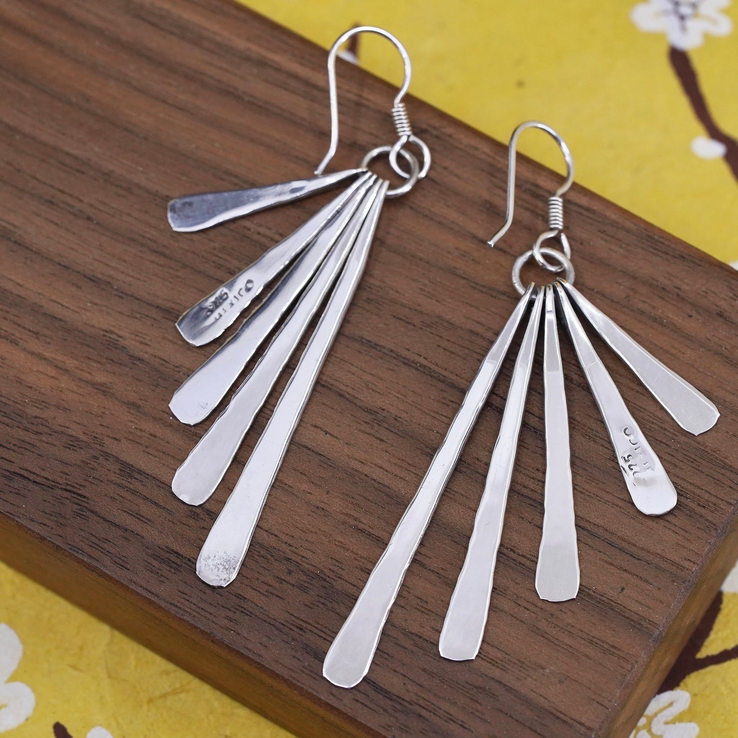 Vintage Mexican Sterling silver handmade earrings, 925 Hammered long dangles