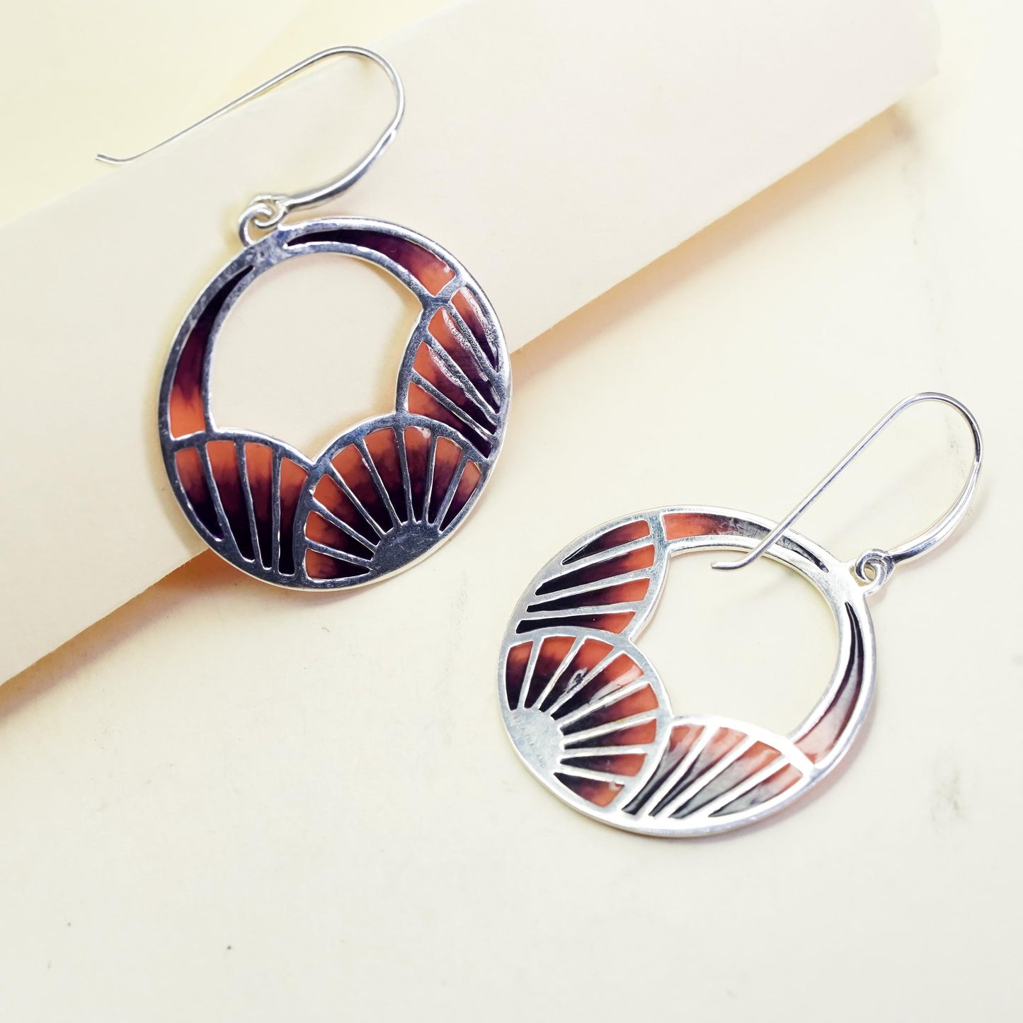 Vintage sterling silver handmade earrings, 925 abstract circle with pink enamel