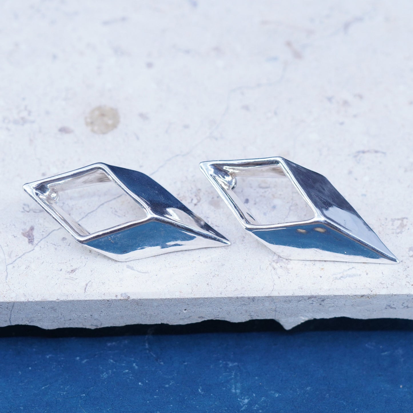 Vintage modernist sterling silver handmade earrings, 925 diamond shaped studs