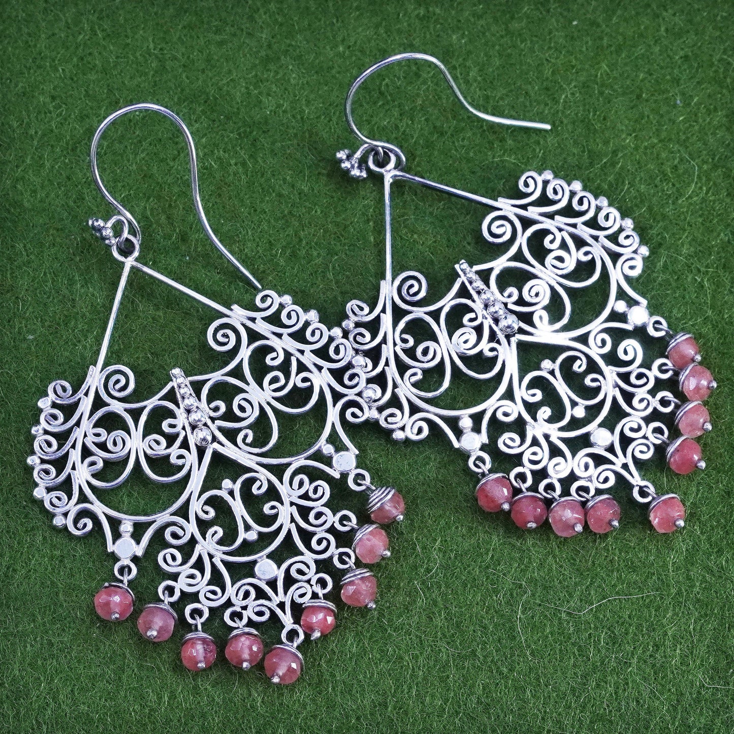 Sterling silver handmade huge earrings, 925 filigree swirly dangles rose quartz