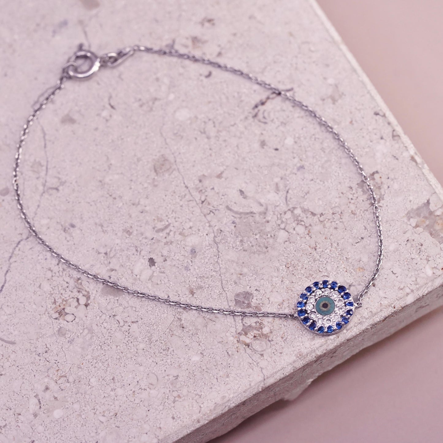 7.25”, Vintage handmade sterling silver bracelet, cluster cz evil eye charm