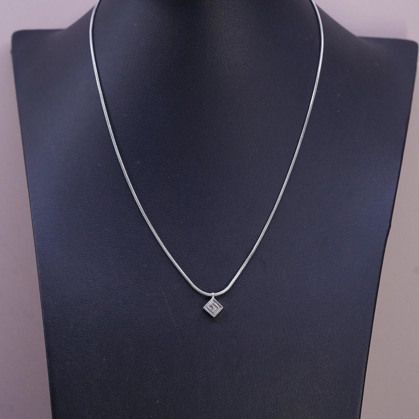 16", VTG Sterling silver necklace, 925 snake chain Greek key patterend pendant