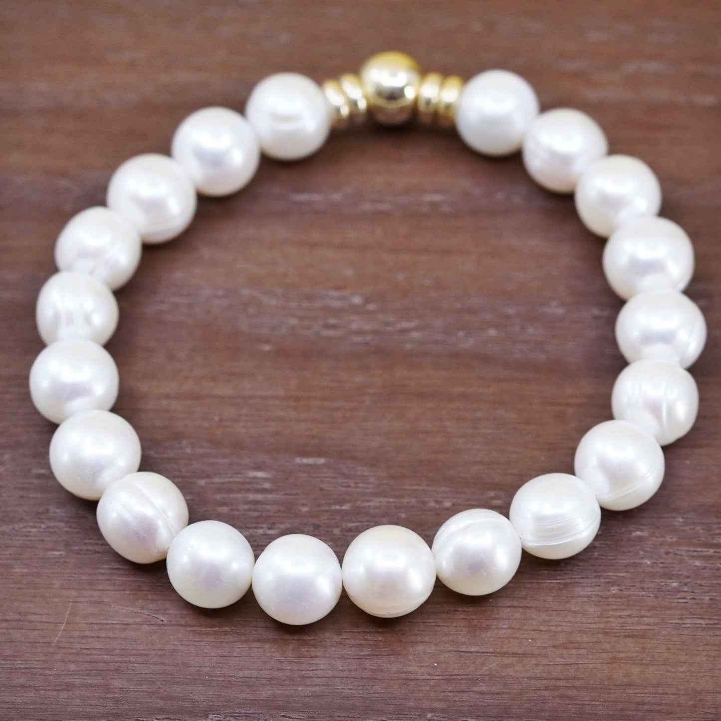 7”, Italian yellow gold over Sterling silver bead 10mm pearl elastic bracelet