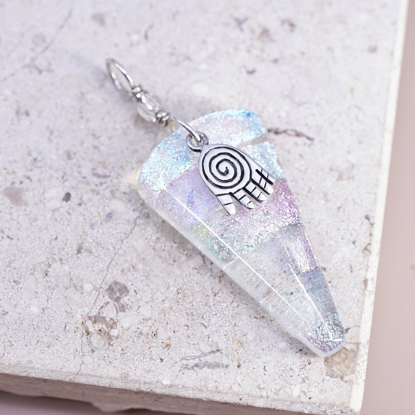VTG sterling silver Pendant, 925 healing hand charm triangular artisan glass