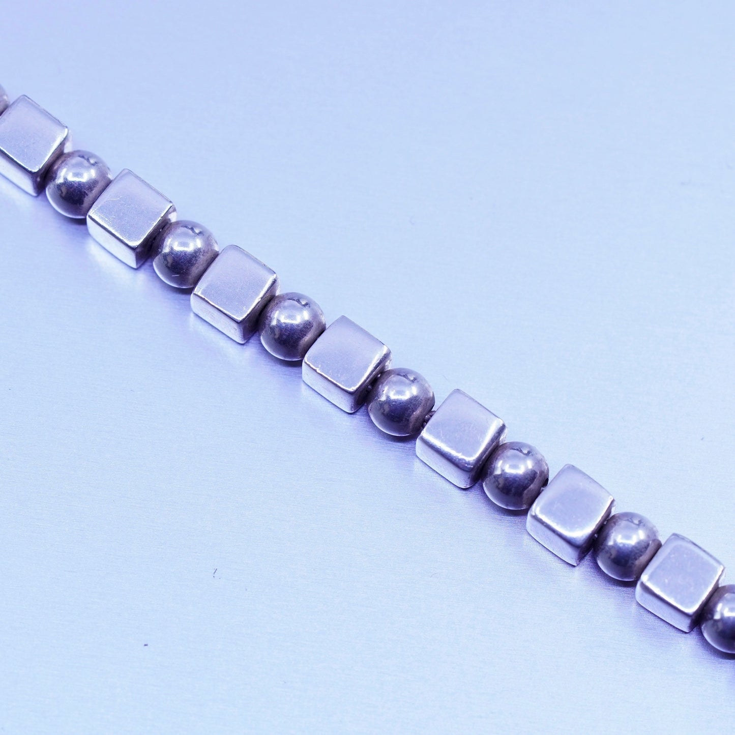 7”, Vintage Sterling 925 silver handmade bracelet, chain with cube beads
