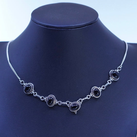 18”, vintage Sterling 925 silver handmade curb chain necklace with onyx pendant