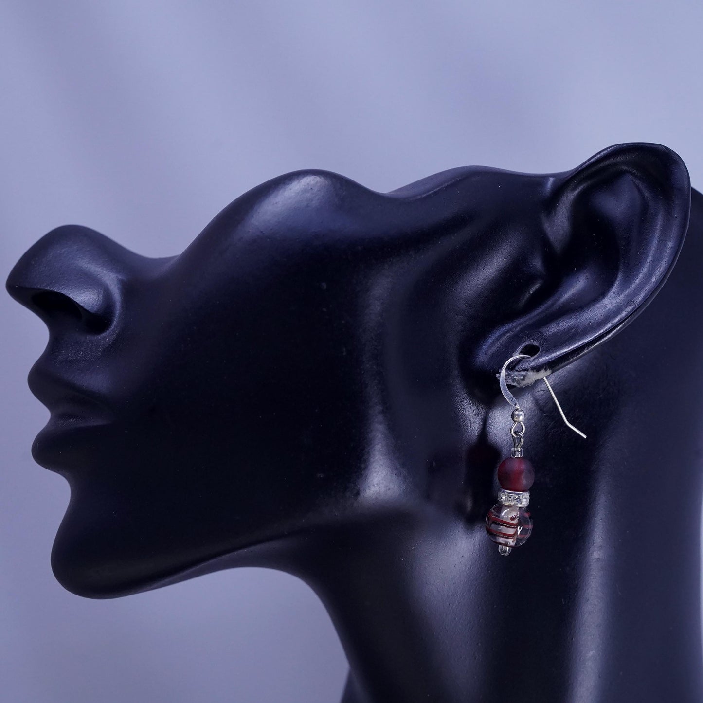 Vintage sterling silver handmade earrings, 925 hooks with red glass bead
