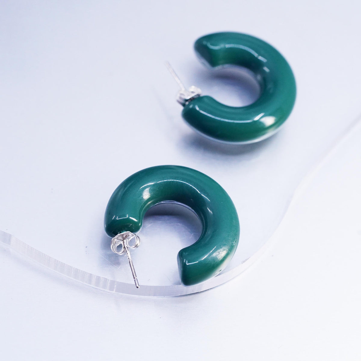 Vintage 925 Sterling Silver Handmade Hoop Earrings, huggie studs green resin