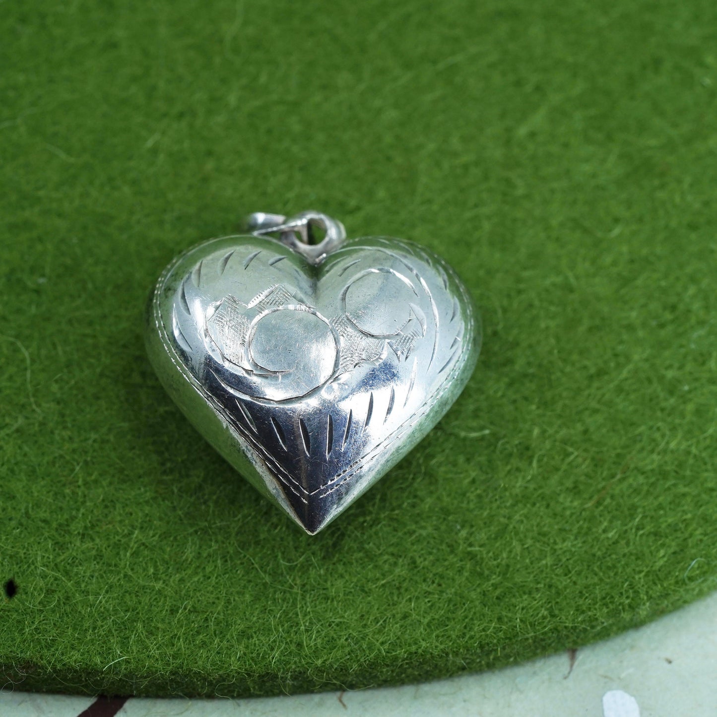 Vintage sterling silver handmade pendant, puffy heart shaped 925 silver pendant