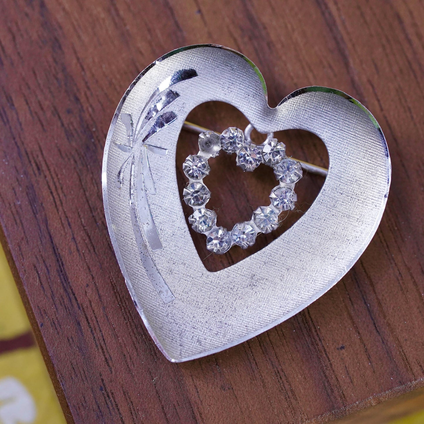 Vintage handmade sterling silver brooch, 925 silver heart with rhinestones