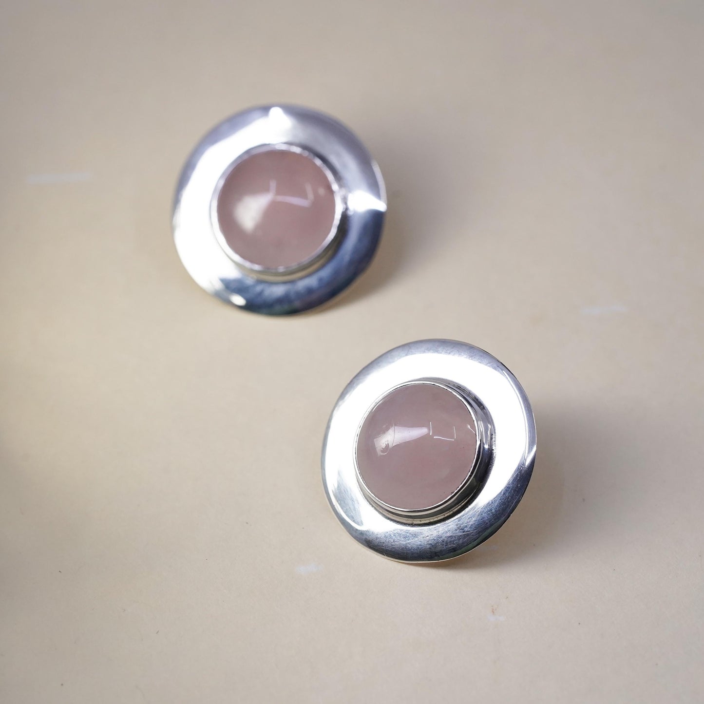 Vintage Sterling silver earrings, 925 circle studs with oval pink quartz stone