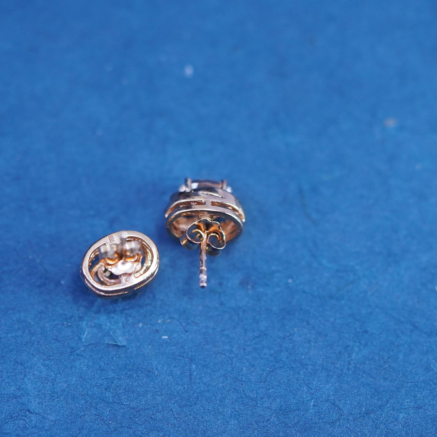 Vintage vermeil rose gold over sterling silver earrings, 925 studs w/ cz inlay