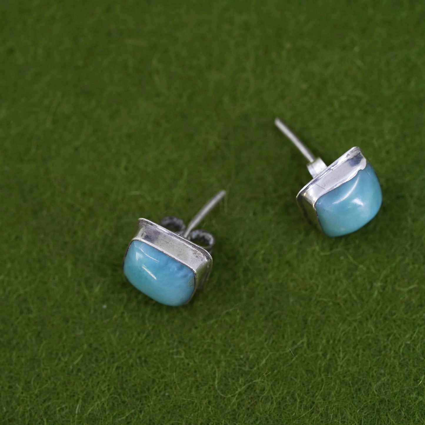 Vintage sterling silver handmade earrings, 925 square studs with Larimar