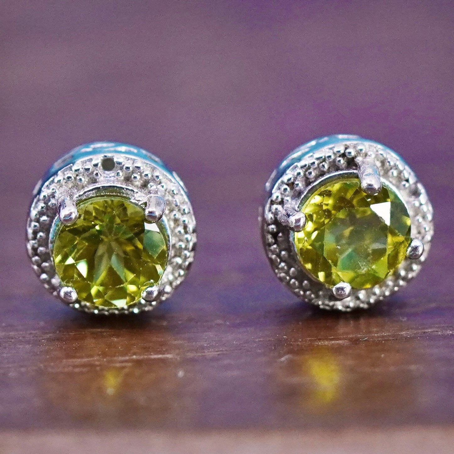 Vintage sterling silver handmade earrings, 925 studs with peridot and diamond