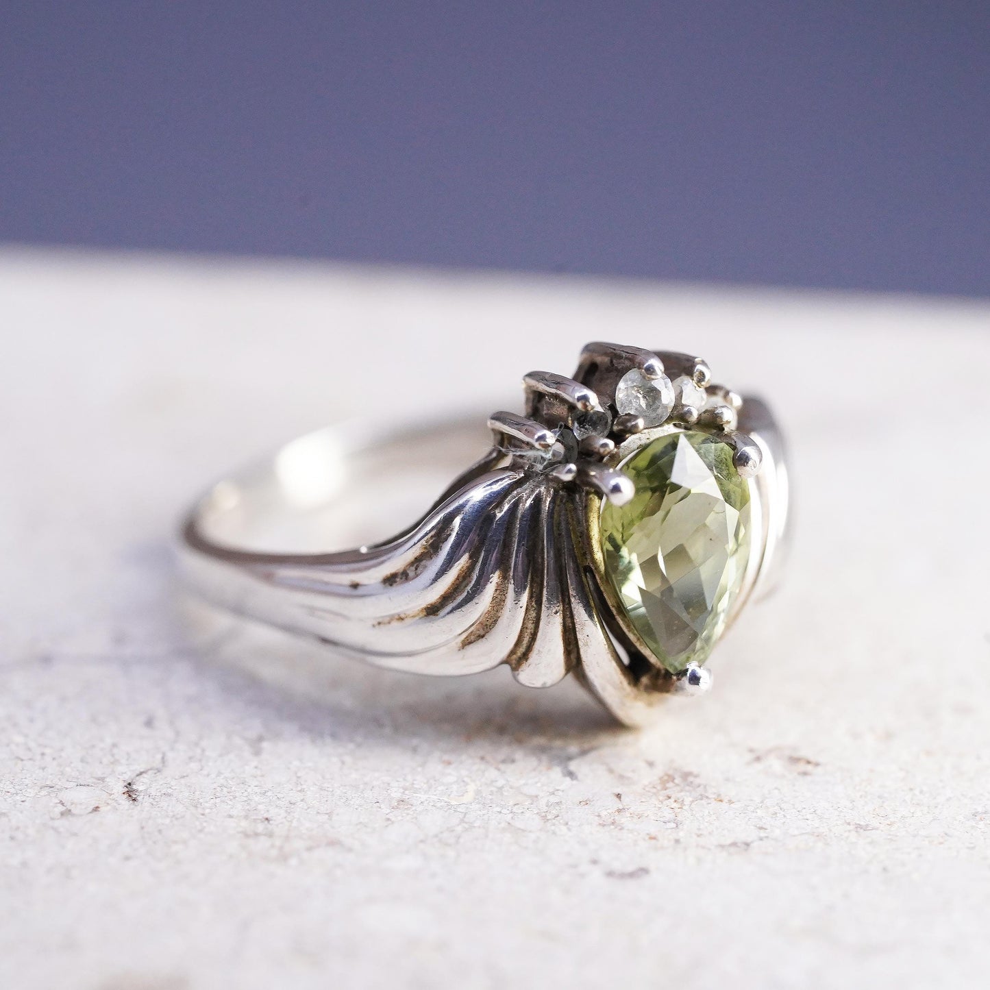 Size 8.25, vintage Sterling silver 925 handmade ring with teardrop peridot cz