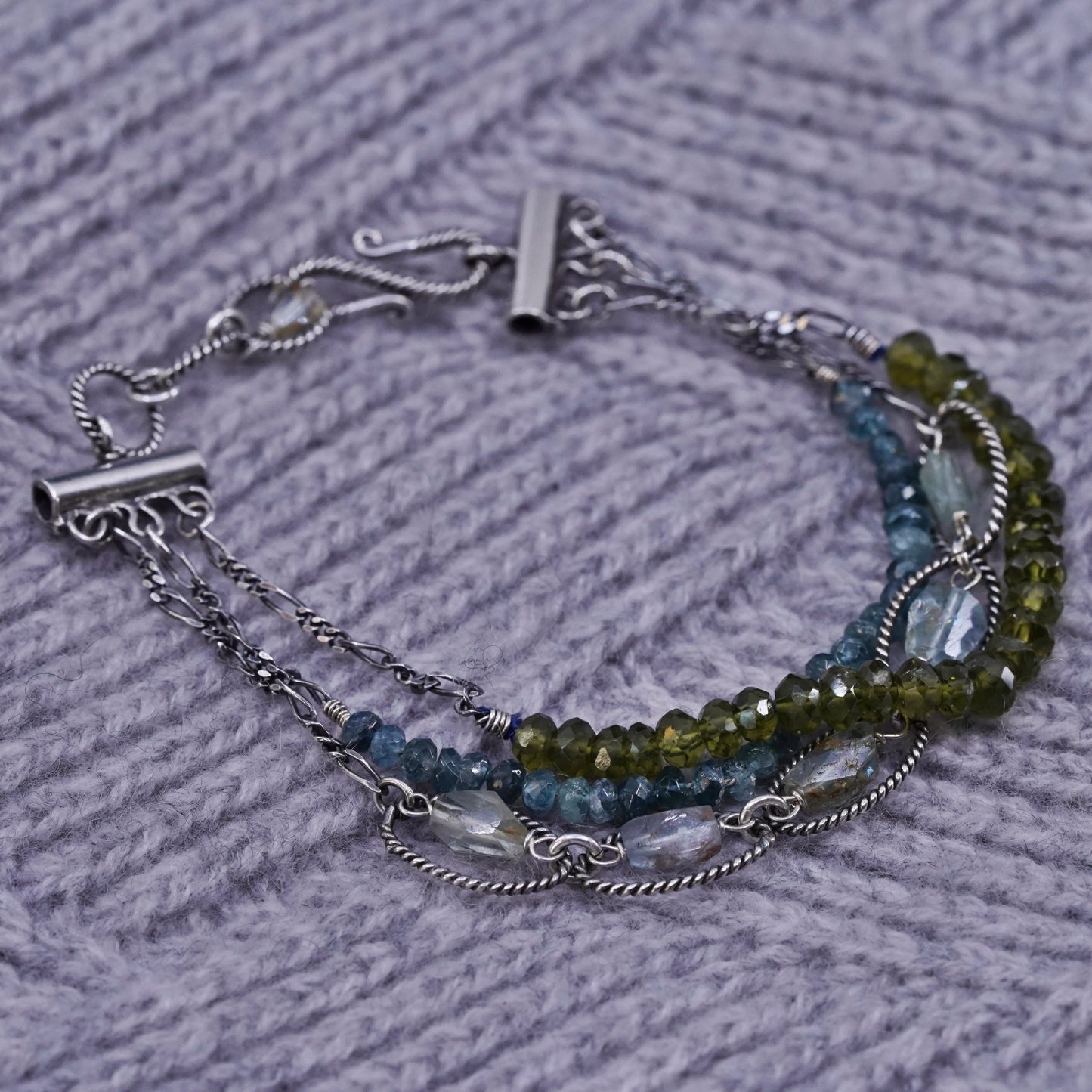 7.25", Sterling silver handmade multi strands bracelet with green peridot beads