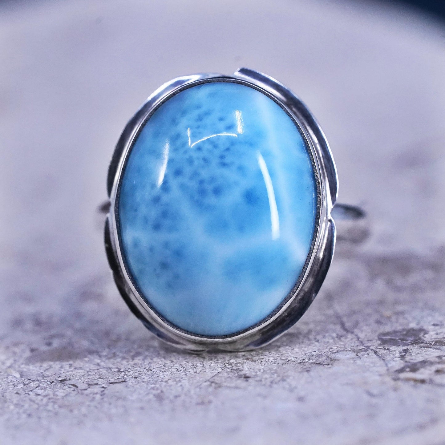 Size 5.5, Vintage sterling 925 silver handmade ring with oval larimar