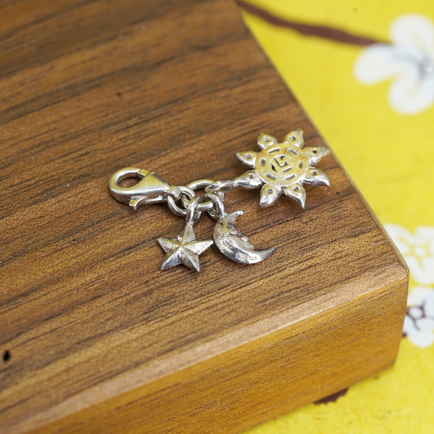 Vintage Sterling silver handmade cz pendant, 925 sun moon star charm