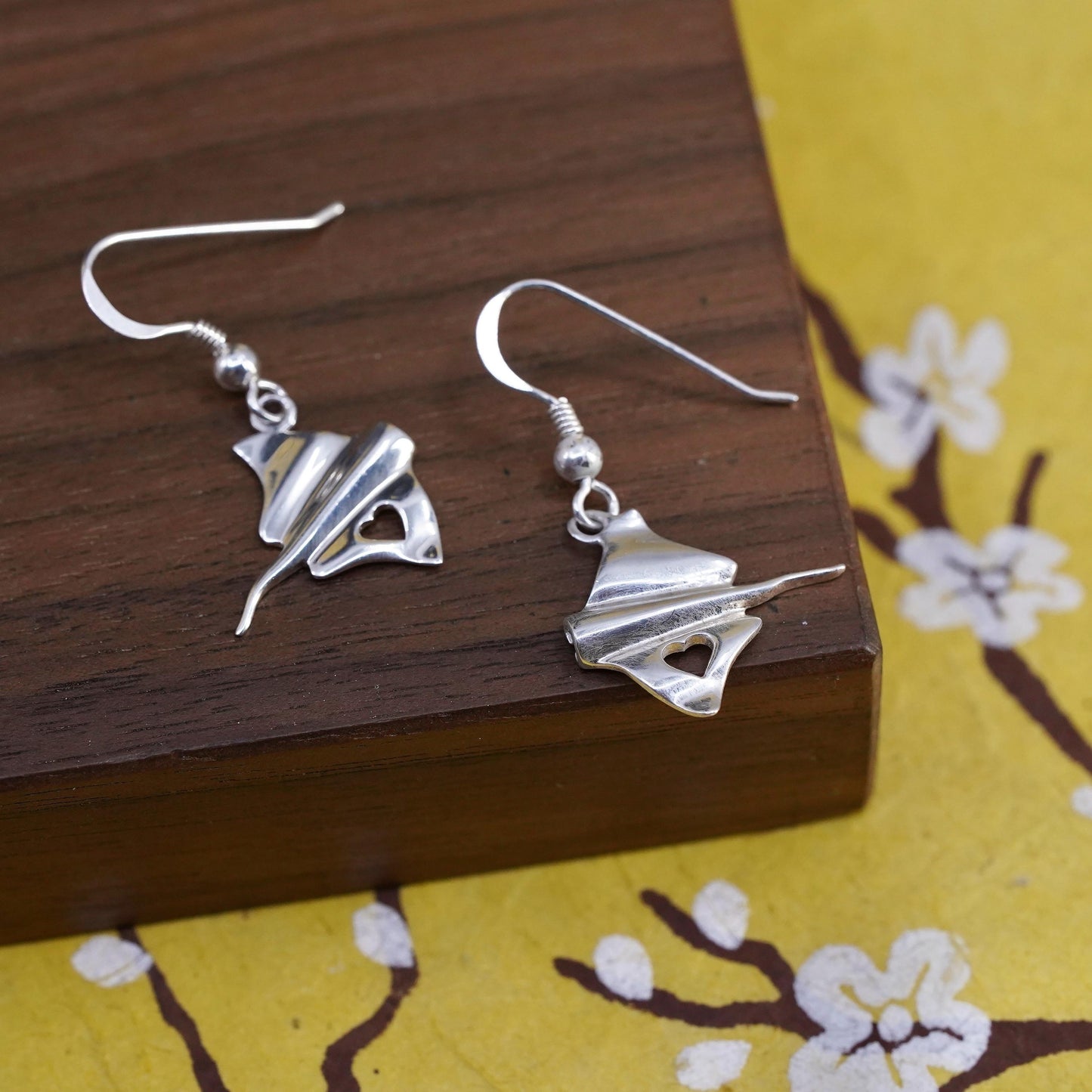 Vintage sterling silver handmade earrings, 925 stingray fish dangles