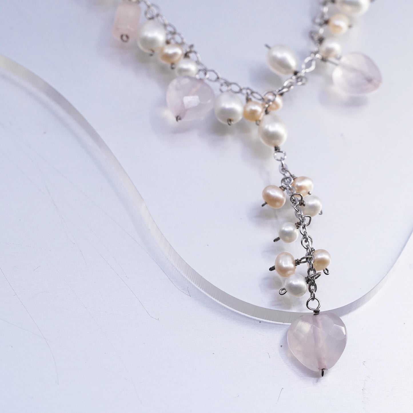 14+2” double strands Sterling 935 silver necklace cluster pearl quartz pendant
