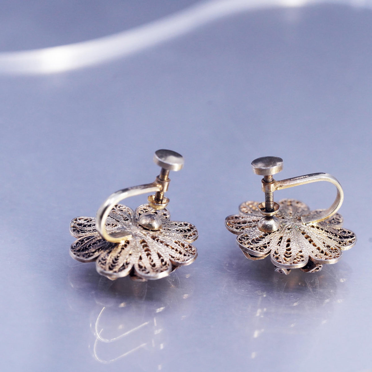 Vintage Vermeil Gold Over Sterling 925 Silver Filigree Screw Back Earrings Rose Flower