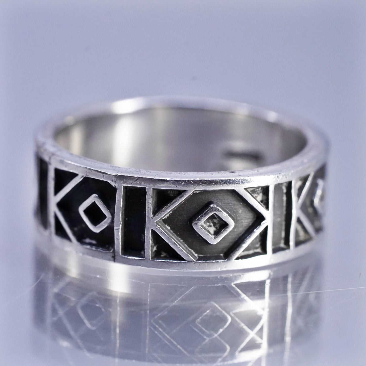 SZ 12.5, Vintage Mexican Oxidized Sterling Silver Geometric Band Ring Modernist