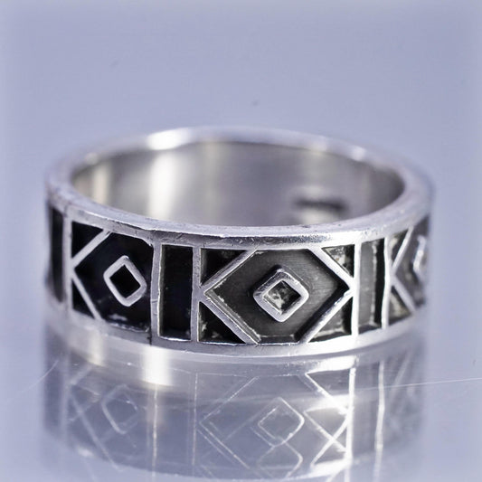 SZ 12.5, Vintage Mexican Oxidized Sterling Silver Geometric Band Ring Modernist